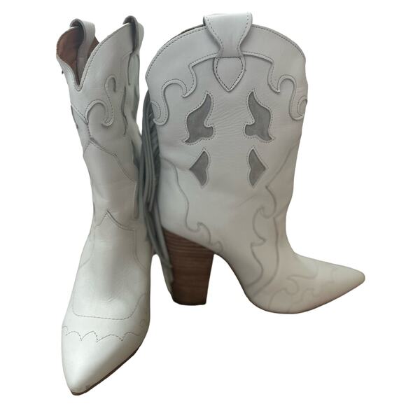 Dingo|Lady's Night Fringe Leather Boots|Stacked Heel|White|NWT|SZ 10 - Picture 1 of 9